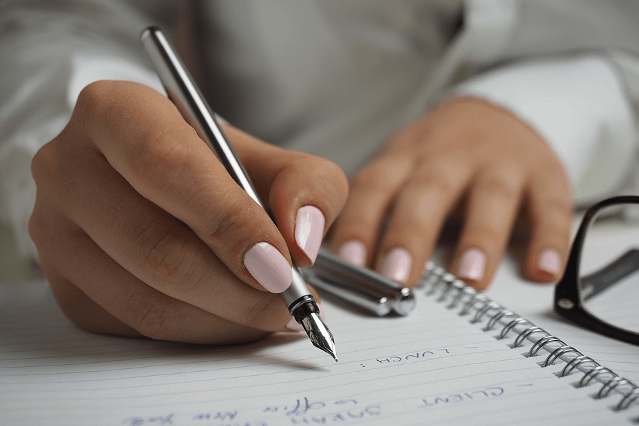 Picture denotes woman drafting text using a pen on paper.