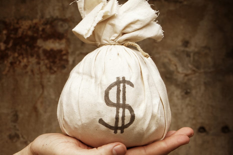 a hand holding a small sack or pouch wiht teh dollar sign to indicate money!